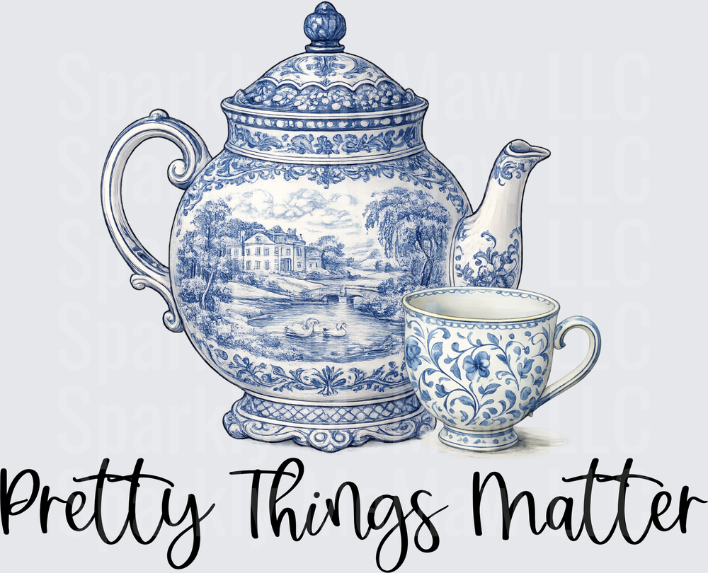 Blue and White China Teapot and Cup Pretty Things Matter UV DTF Decal