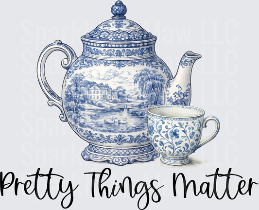Blue and White China Teapot and Cup Pretty Things Matter UV DTF Decal
