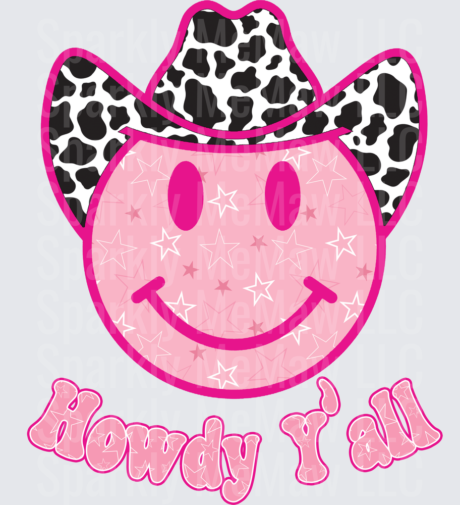 Pink Smiley Face Cow Print Cowboy Hat Howdy Y'all DTF Transfer for Fabrics