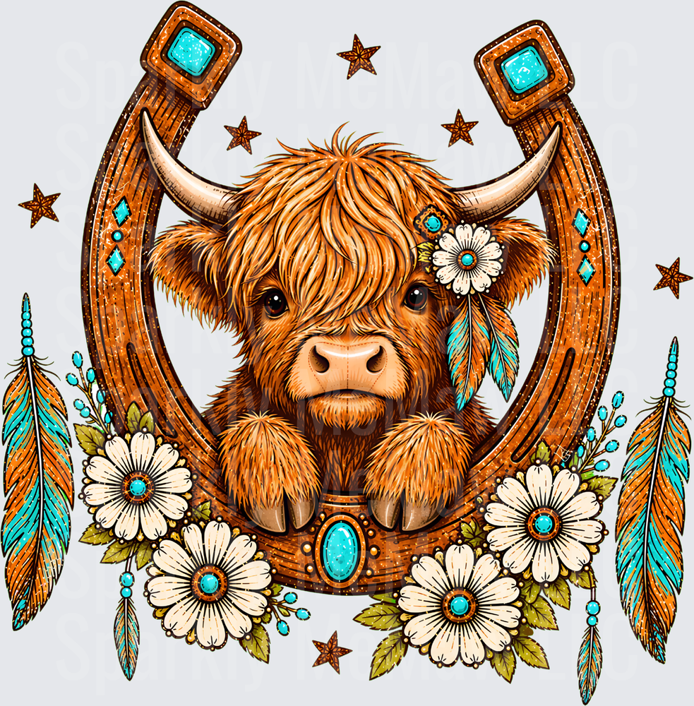Boho Highland Cow Horseshoe is a UV DTF Decal