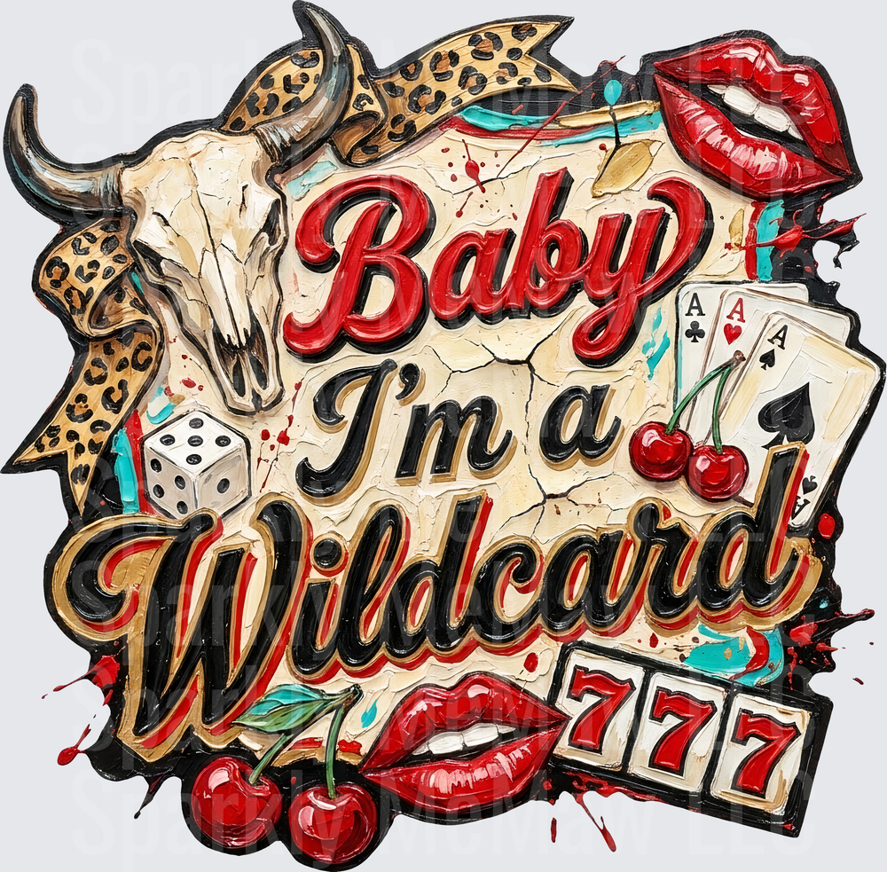 Baby I'm a Wildcard Bull Skull Casino Gambling Red Lips Cherry Dice Playing Cards 777 Slot Machine Leopard Print UV DTF Decal