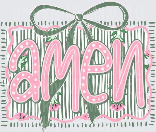 Amen Pink Polka Dot Letters with Green Bow and Strawberries UV DTF Decal