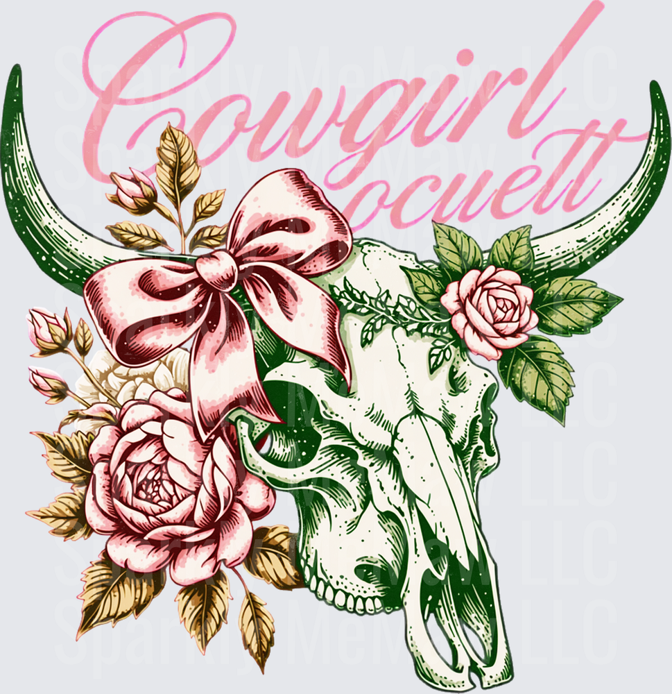 Cowgirl Ocuelt Bull Skull with Pink Bow Roses and Floral Accents DTF Transfer for Fabrics