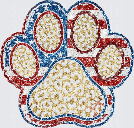 Patriotic American Flag Paw Print with Gold Glitter Fill UV DTF Decal