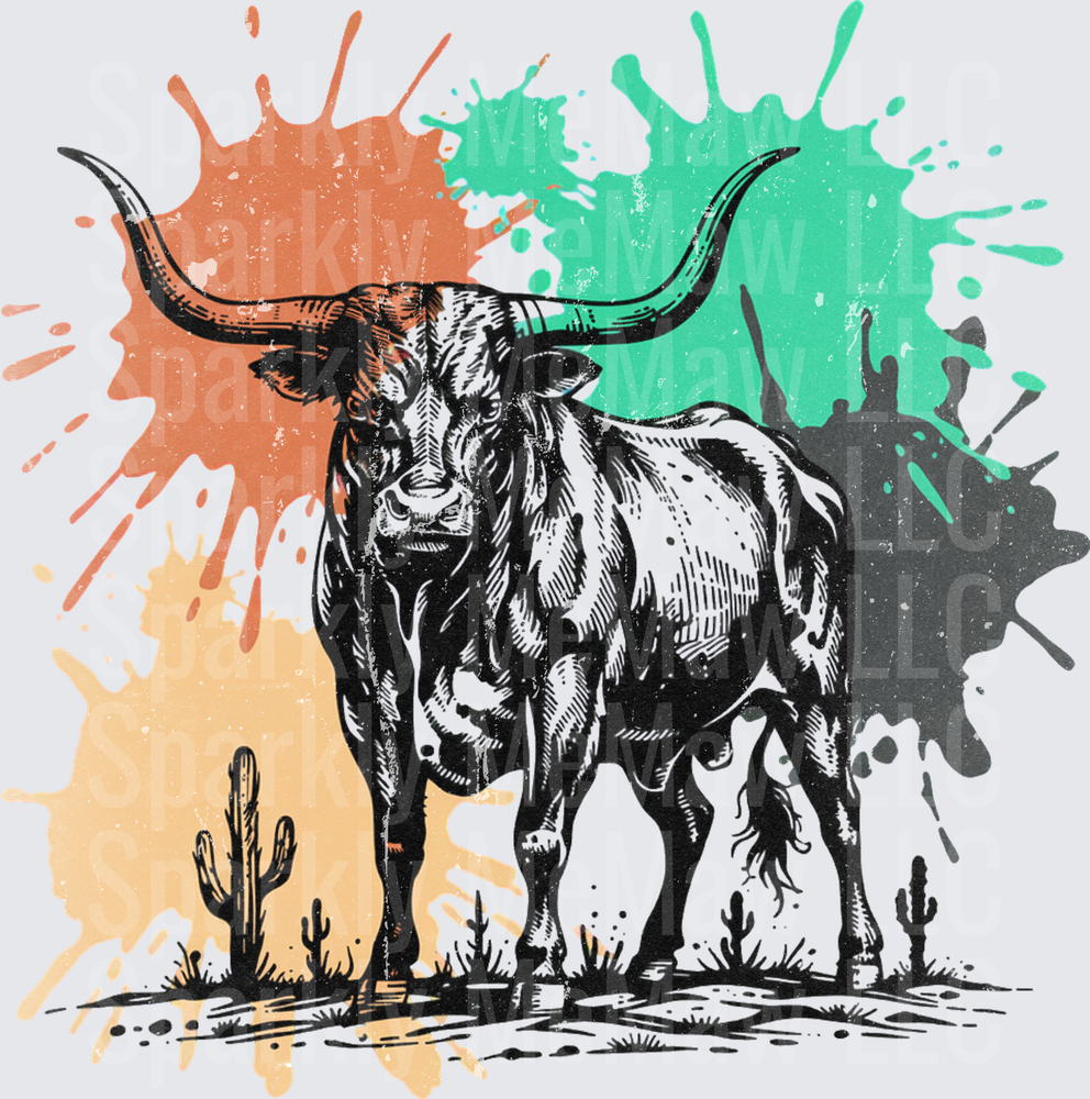 Texas Longhorn Bull Desert Cactus Scene with Colorful Paint Splash Background DTF Transfer for Fabrics