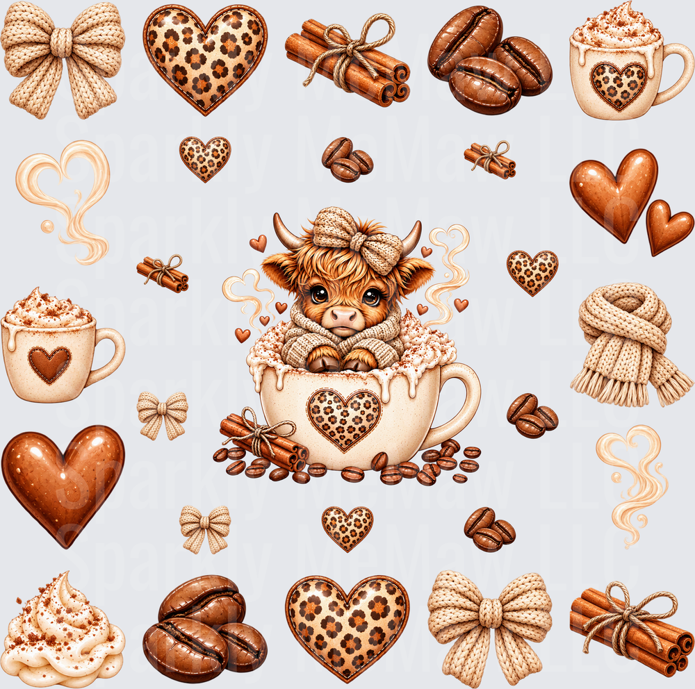 Cozy Highland Cow Coffee Sheet 10x10 UV DTF Cut and Stick Sheet