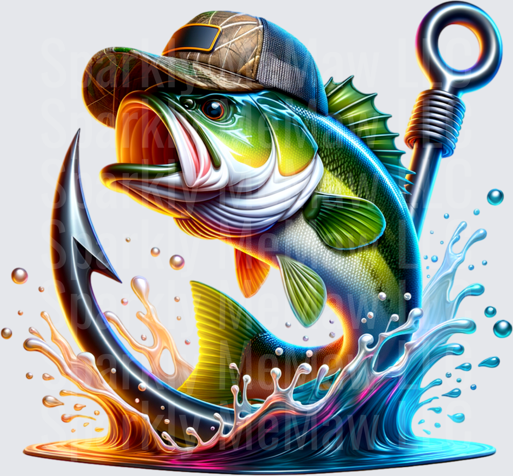 Bass Fish Wearing Fishing Hat with Hook and Water Splash UV DTF Decal