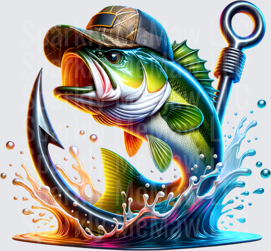 Bass Fish Wearing Fishing Hat with Hook and Water Splash UV DTF Decal
