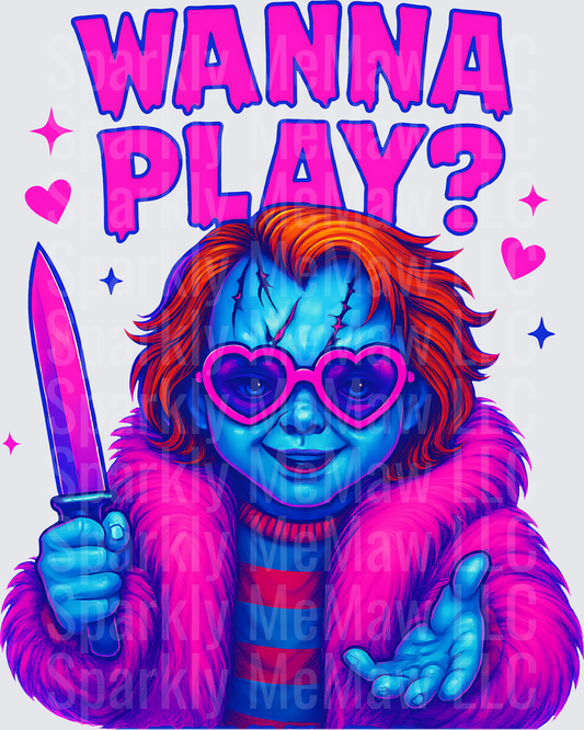 Chucky Wanna Play DTF Transfer Vibrant Neon Horror Doll Design for Fabric