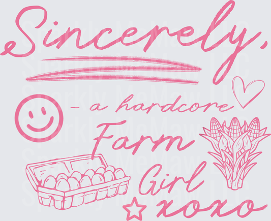 Sincerely A Hardcore Farm Girl Pink Script Design with Smiley Face Eggs and Corn UV DTF Decal