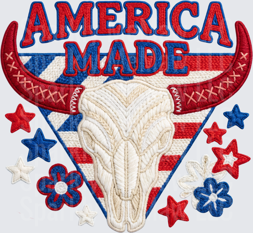 America Made Bull Skull with Longhorns Red White Blue Stars and Flowers UV DTF Decal