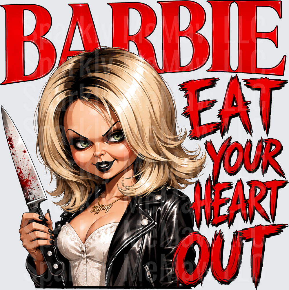 Tiffany Bride of Chucky Barbie Eat Your Heart Out Horror Parody Bloody Knife UV DTF Decal