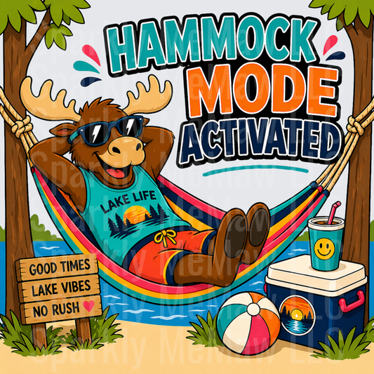 Hammock Mode Activated Cool Moose Relaxing at Lake Summer Vacation Vibes DTF Transfer for Fabric