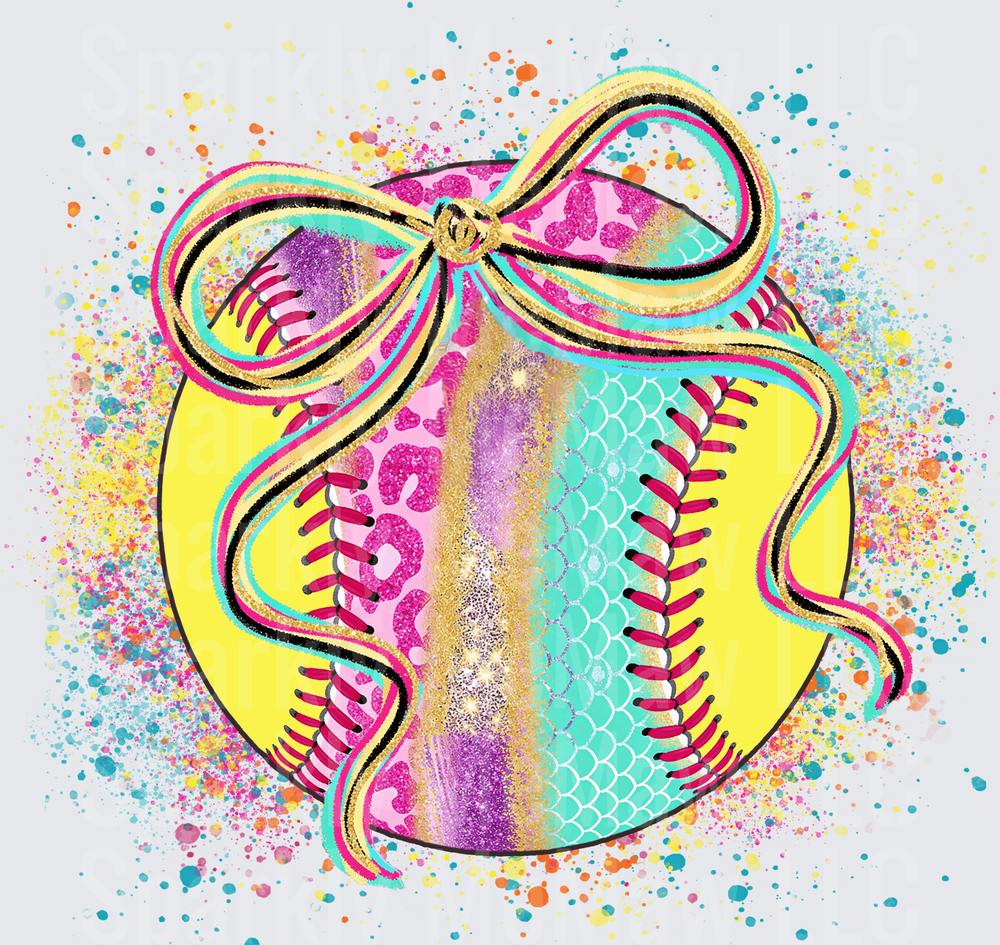 Colorful Softball with Bow and Paint Splatter UV DTF Decal