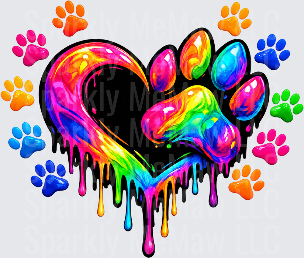 Rainbow Drip Paw Print Heart DTF Transfer for Fabrics