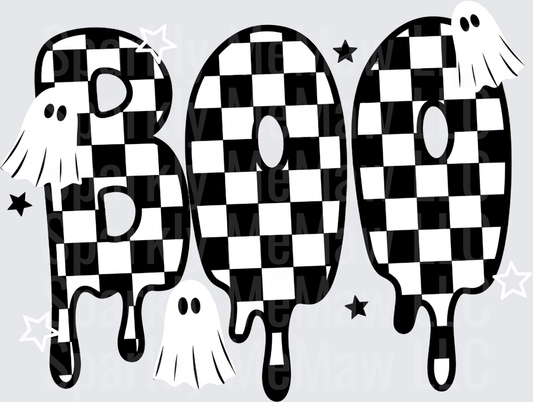 Retro Checkered BOO Halloween Dripping Letters with Ghosts and Stars DTF Transfer for Fabrics