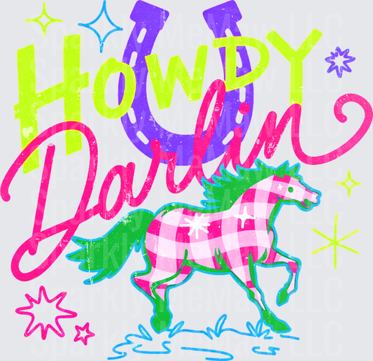 Howdy Darlin Retro Western DTF Transfer for Fabric with Pink Gingham Horse Purple Horseshoe and Neon Cowgirl Sparkle Lettering