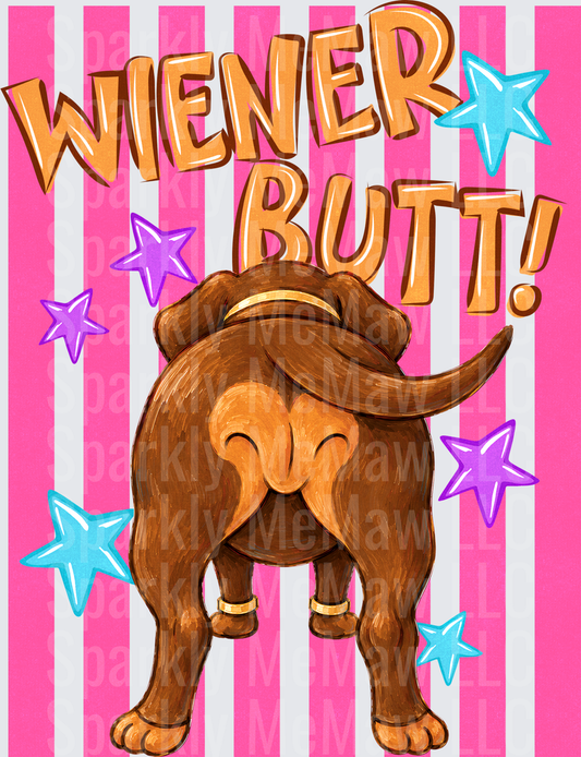 Wiener Butt Dog Cartoon with Stars and Pink Stripes UV DTF Decal