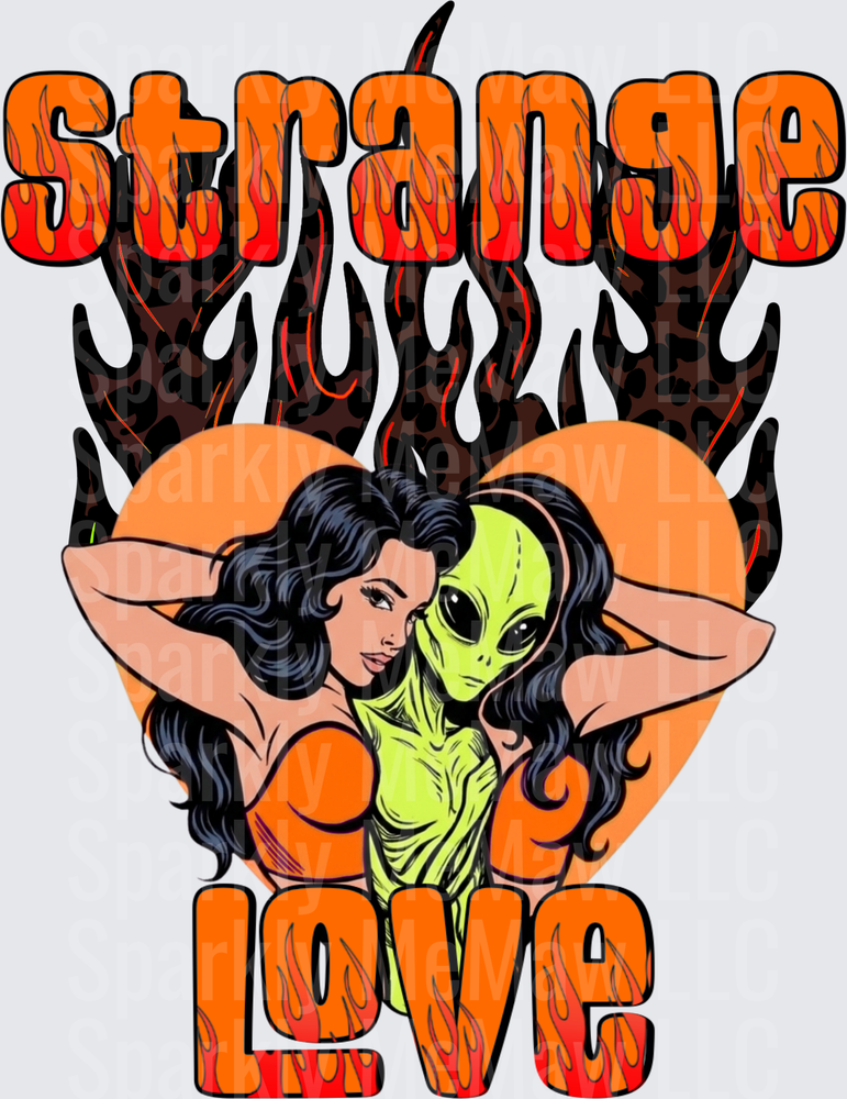 Strange Love Pin-Up Girl with Green Alien and Flames UV DTF Decal