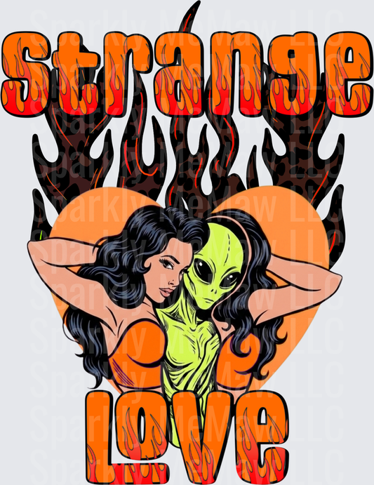 Strange Love Pin-Up Girl with Green Alien and Flames UV DTF Decal