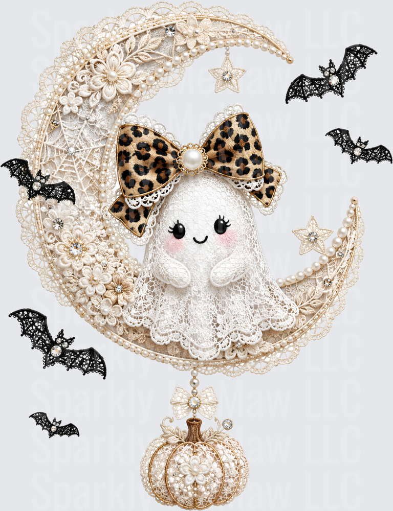 Cute Lace Ghost with Leopard Print Bow Sitting on Crescent Moon with Pearl Pumpkin and Black Bats Halloween DTF Transfer for Fabrics