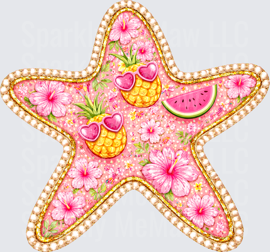 Pink Pearl Gold Glitter Starfish with Tropical Pineapples Heart Sunglasses Watermelon Hibiscus Flowers DTF Transfer for fabrics