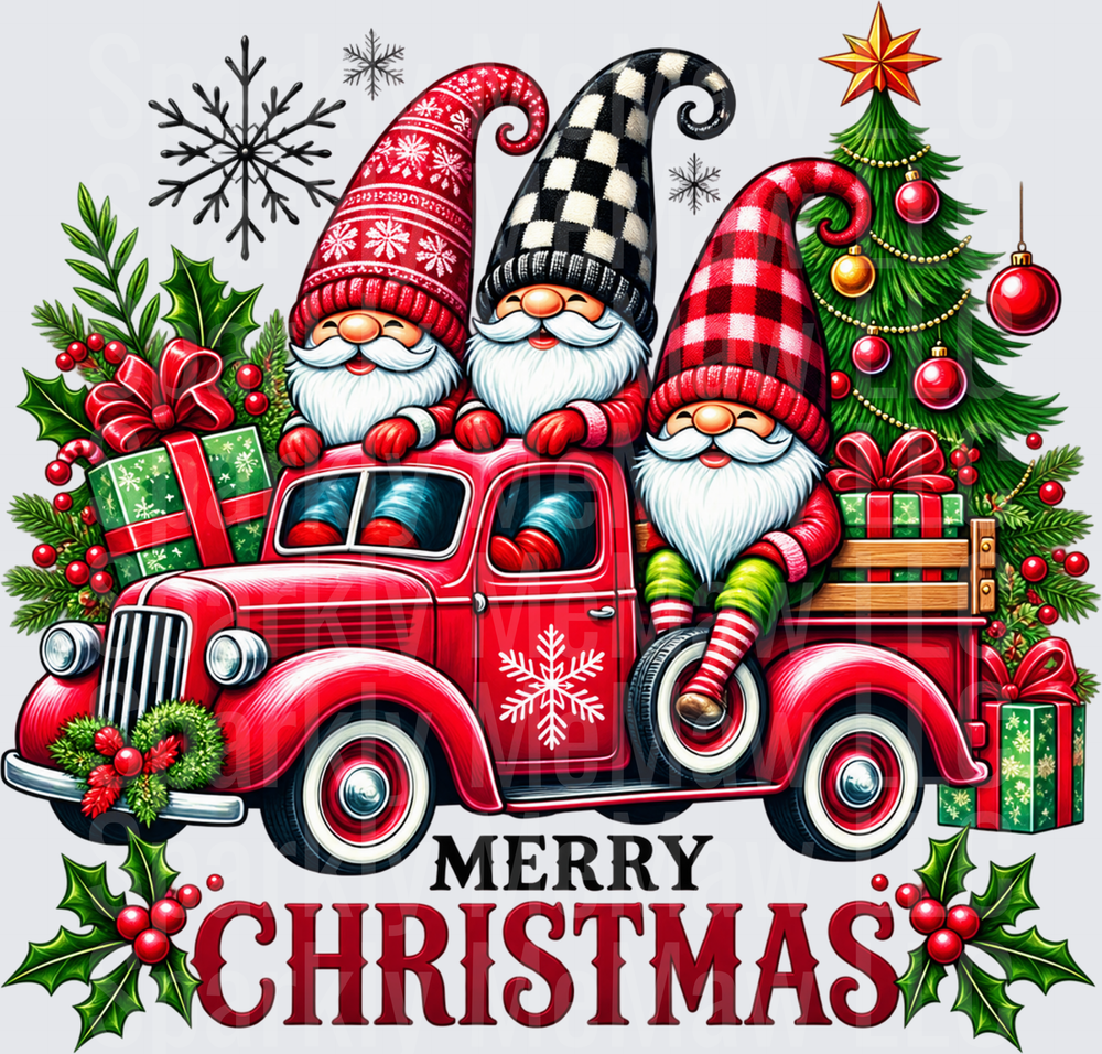Three Gnomes Red Christmas Truck UV DTF Decal