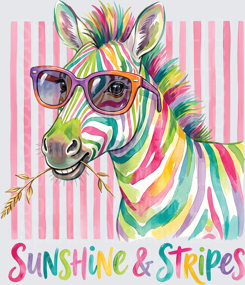 Colorful Rainbow Zebra with Sunglasses and Wheat DTF Transfer for Fabric
