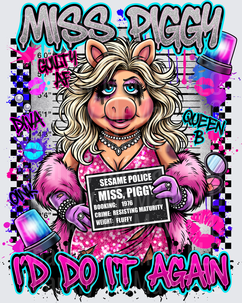 Miss Piggy Muppet Character Mugshot Glamour DTF Transfer for Fabric