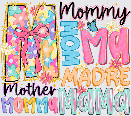 Colorful Mother's Day Typography Design with Floral Bow Accents DTF Transfer for Fabric