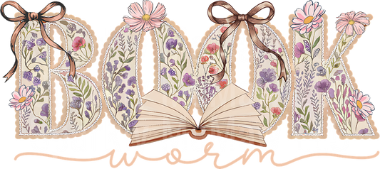 Book Worm Floral Typography with Open Book and Ribbon Bows UV DTF Decal