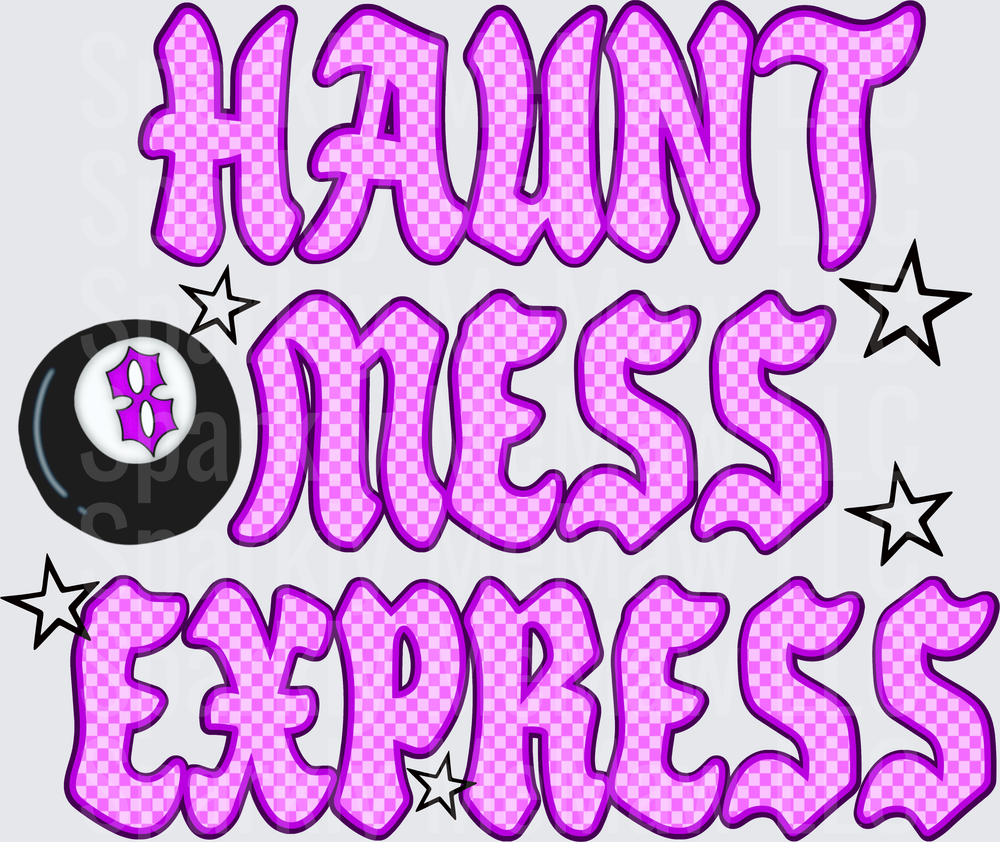 Haunt Mess Express DTF Transfer Pink Checkered Text Design with Eight Ball