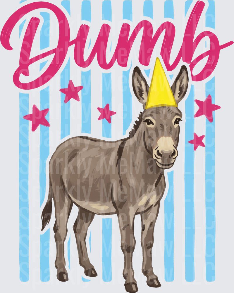 Dumb Donkey with Party Hat Blue Stripes and Pink Stars DTF Transfer for Fabric