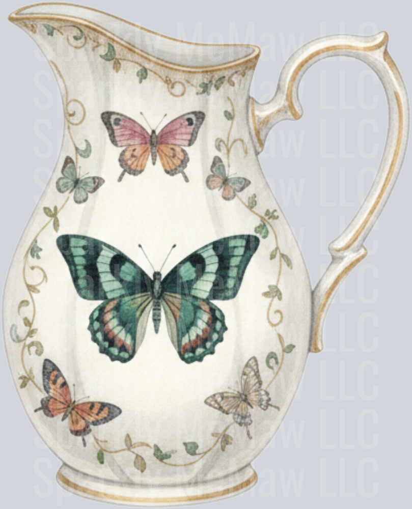 Vintage Butterfly Pitcher with Floral Vines UV DTF Decal