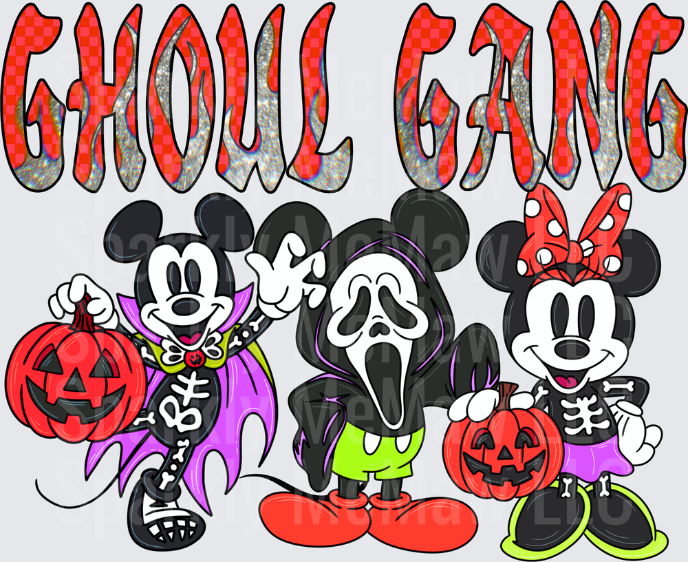 Mickey and Minnie Mouse Halloween Ghoul Gang with Jack-o'-lanterns and Scream Ghost DTF Transfer
