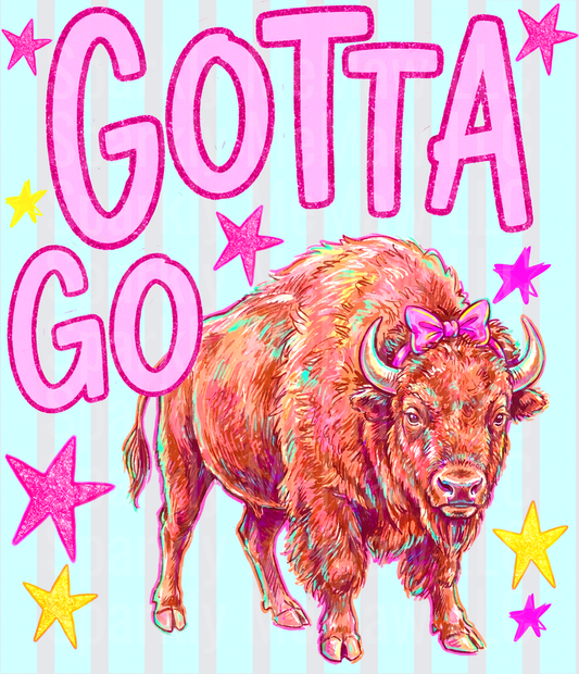Gotta Go Cute Bison Buffalo with Pink Bow Colorful Stars Striped Background DTF Transfer for fabrics