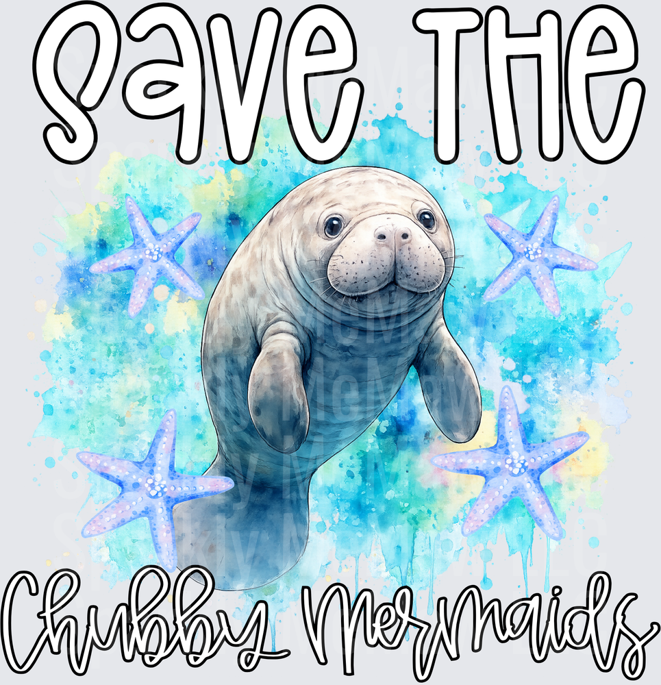 Save The Chubby Mermaids Watercolor Manatee with Starfish UV DTF Decal