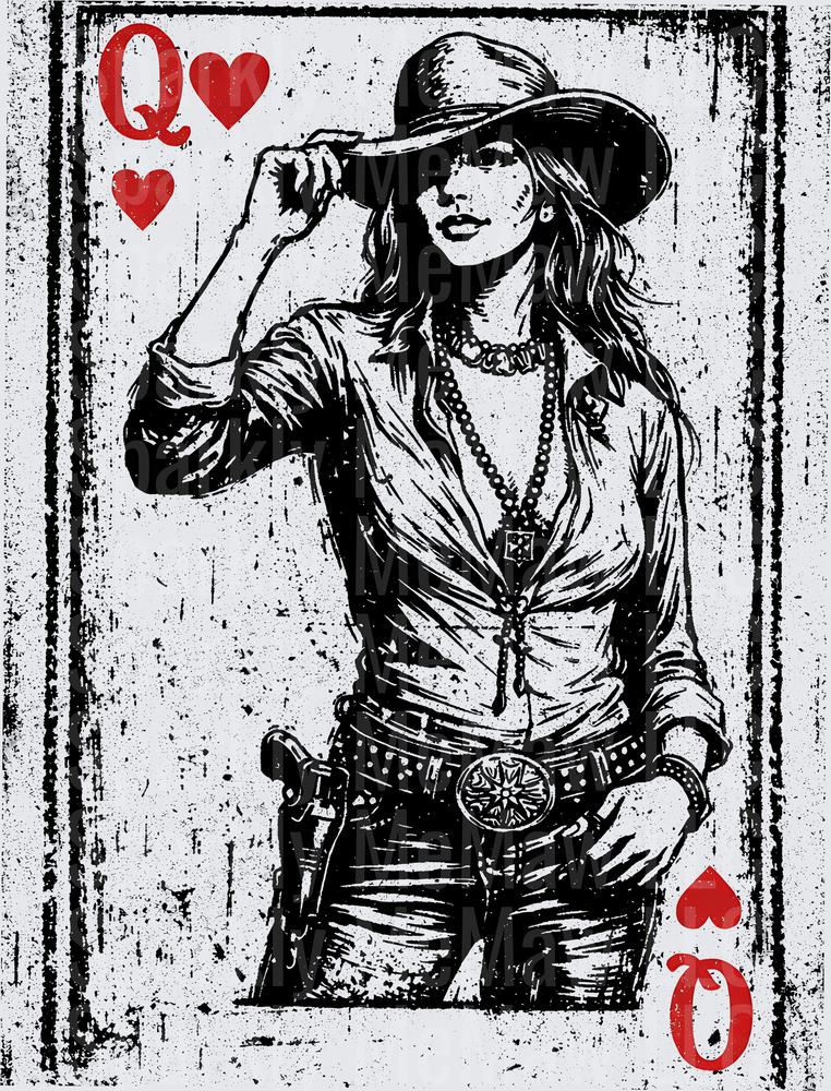 Queen of Hearts Cowgirl Playing Card Vintage Grunge Western Outlaw UV DTF Decal
