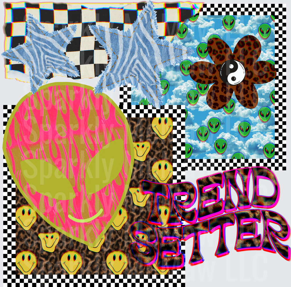 Y2K Aesthetic Collage with Melting Smiley Face Alien Heads Leopard Print Yin Yang Flower Checkered Pattern UV DTF Decal
