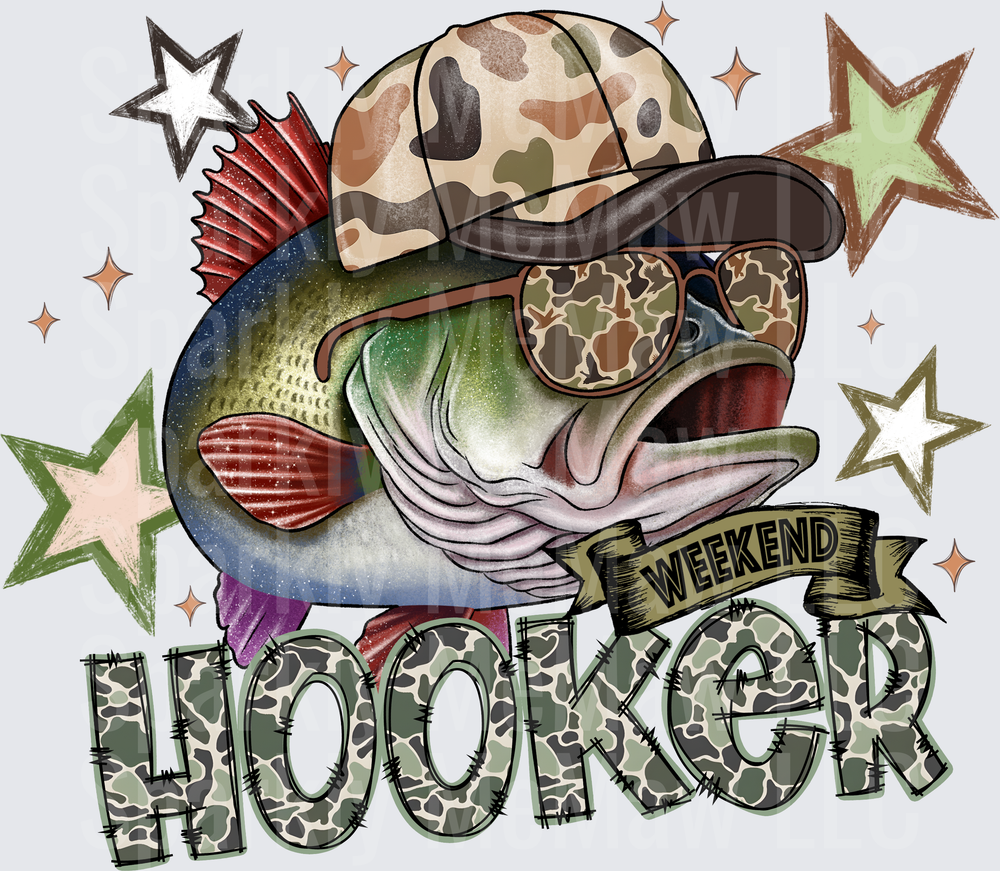 Weekend Hooker Bass Fish Wearing Camo Hat and Sunglasses with Stars DTF Transfer for Fabrics