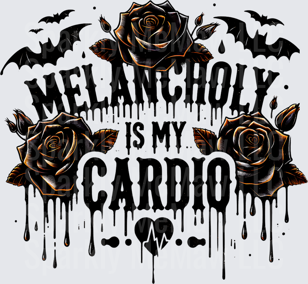 Melancholy Is My Cardio Gothic Black Roses Dripping Blood Bats Design UV DTF Decal