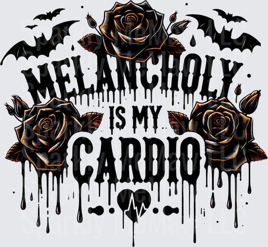 Melancholy Is My Cardio Gothic Black Roses Dripping Blood Bats Design UV DTF Decal