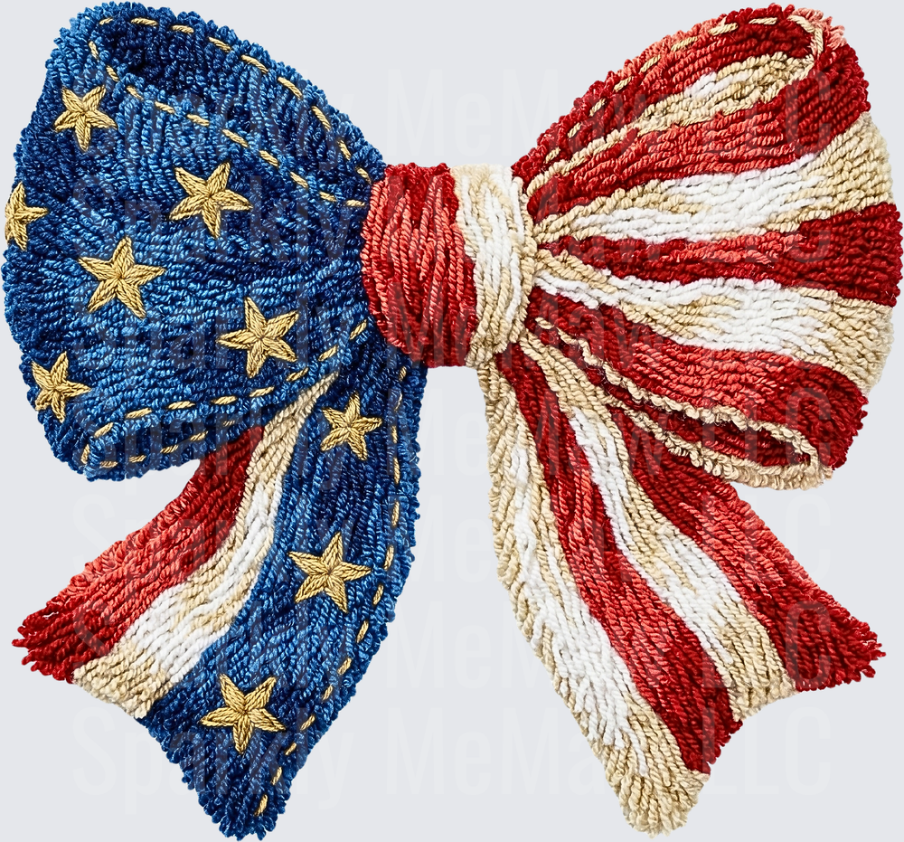 Patriotic American Flag Bow with Gold Stars Embroidered Style