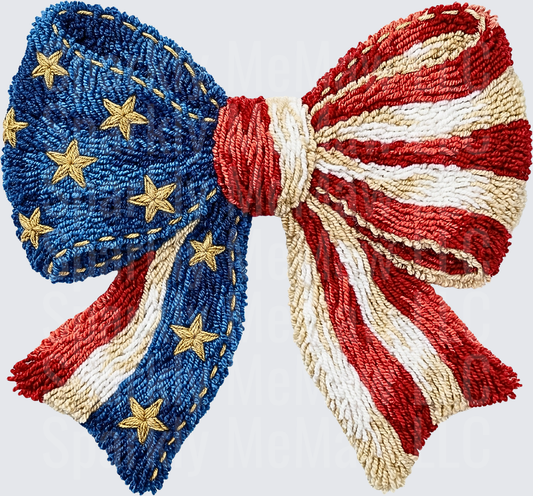 Patriotic American Flag Bow with Gold Stars Embroidered Style