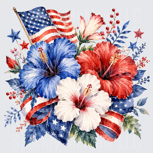 Patriotic American Flag Hibiscus Flowers Red White Blue Watercolor - This is a UV DTF decal
