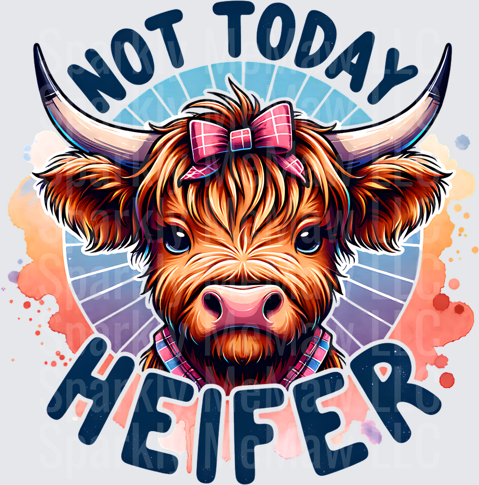 Not Today Heifer Highland Cow with Pink Bow and Plaid Collar UV DTF Decal