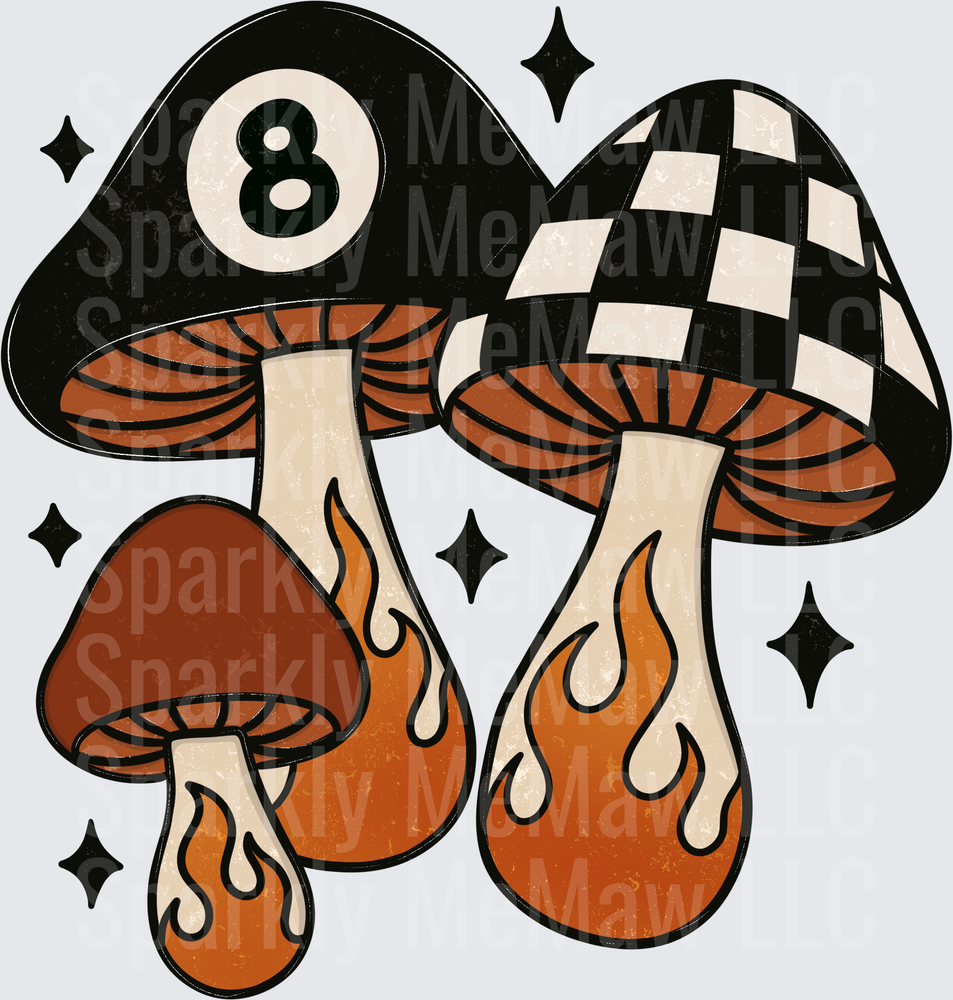 Psychedelic Magic Mushrooms with 8-Ball and Checkered Pattern Flames