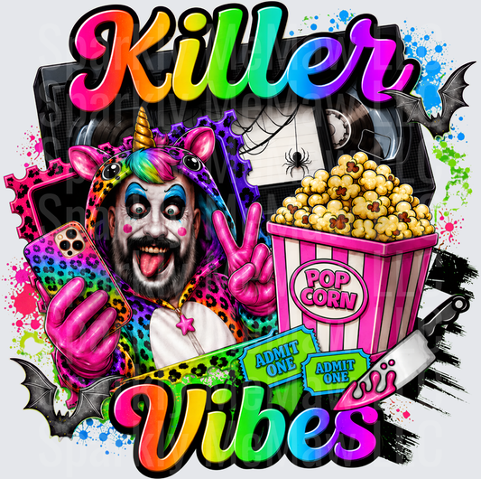 Killer Vibes Captain Spaulding Inspired Clown Unicorn Onesie Selfie Horror Movie Night Rainbow Neon DTF Transfer for Fabrics
