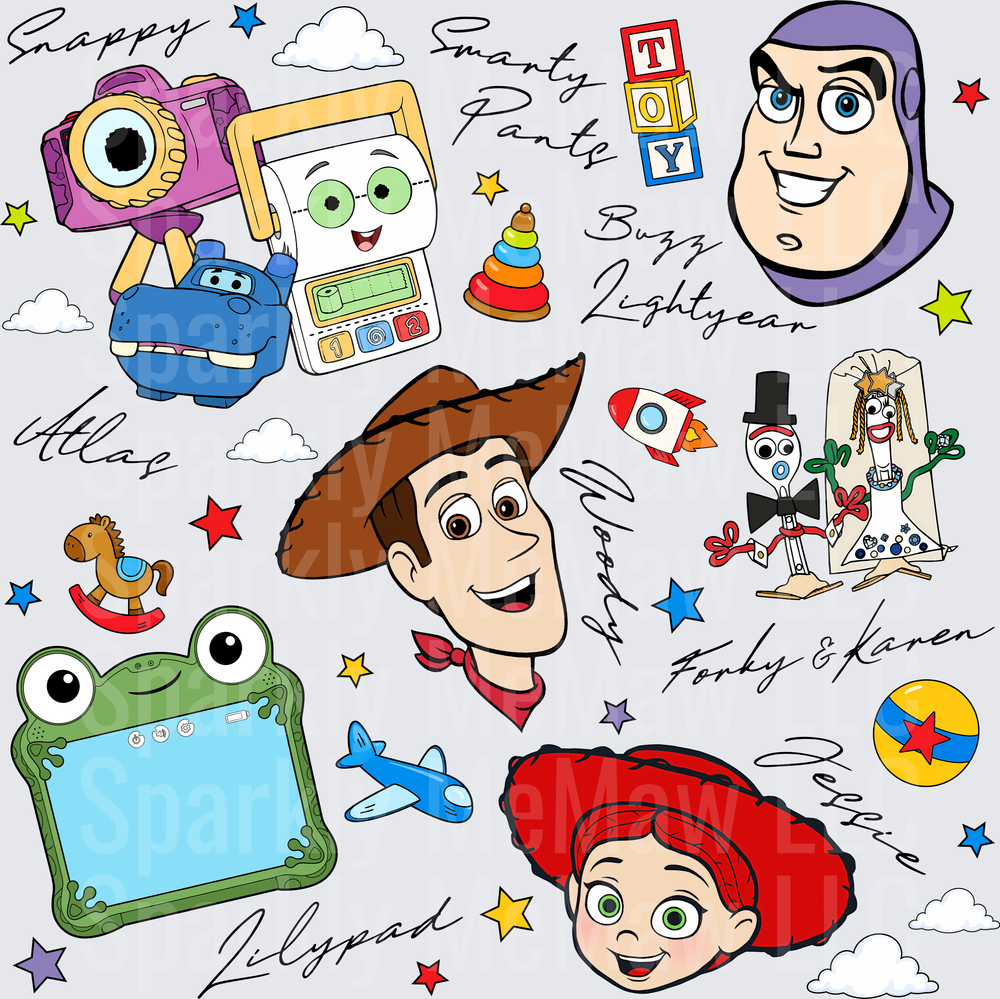 Toy Story Character Collage DTF Transfer featuring Buzz Lightyear, Woody, Jessie, Forky and Karen with Toy Blocks Stars and Clouds