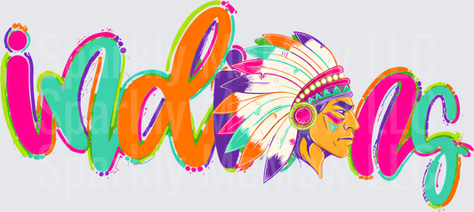 Indians Script Mascot Colorful Neon Chief Headdress Graphic DTF Transfer for fabrics